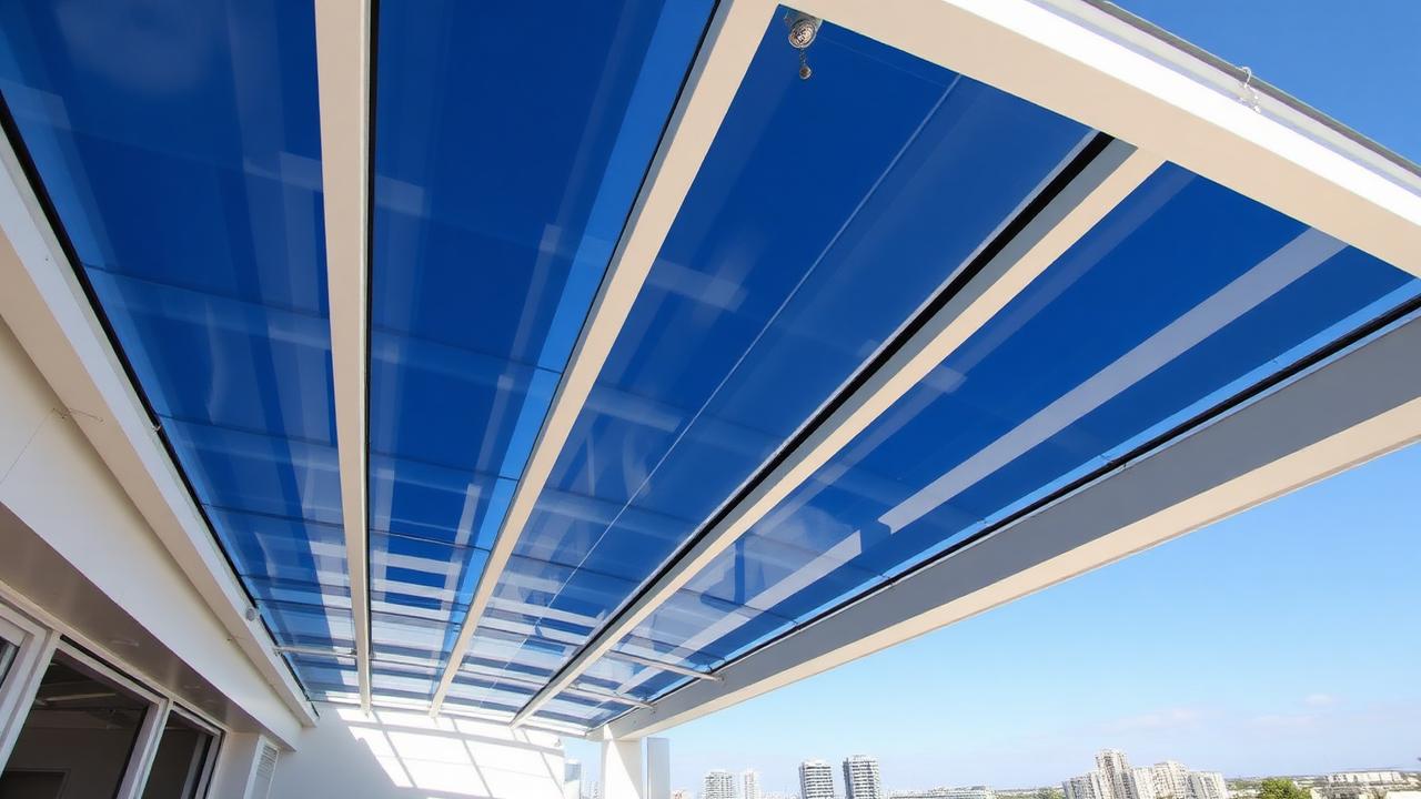 Pergolă cu panouri de sticlă glisante pe terasă de penthouse