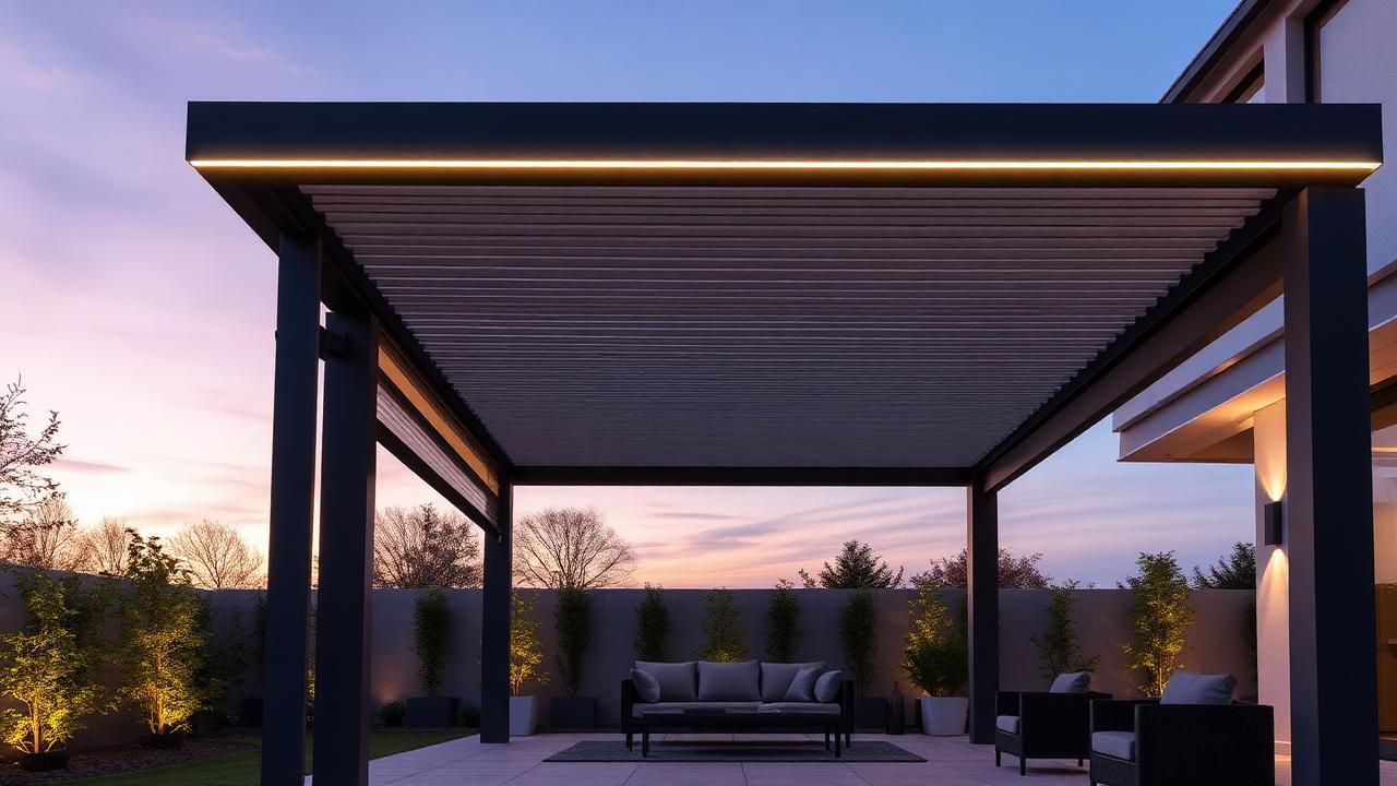 Pergolă bioclimatică cu lamele rotative din aluminiu și iluminat LED integrat