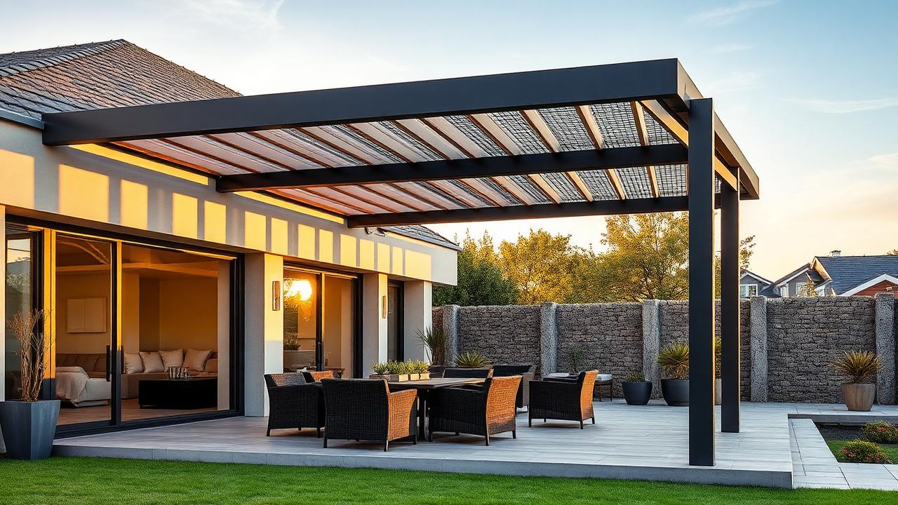Pergolă fixă cu acoperiș de lamele pline montată pe villa modernă