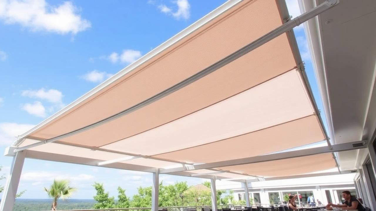 Pergolă retractabilă cu acoperiș PVC parțial deschis pe terasa unui restaurant