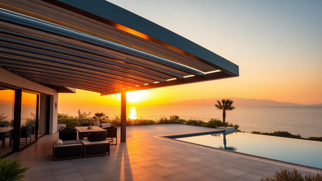 Pergolă bioclimatică modernă din aluminiu pe terasă cu vedere la mare