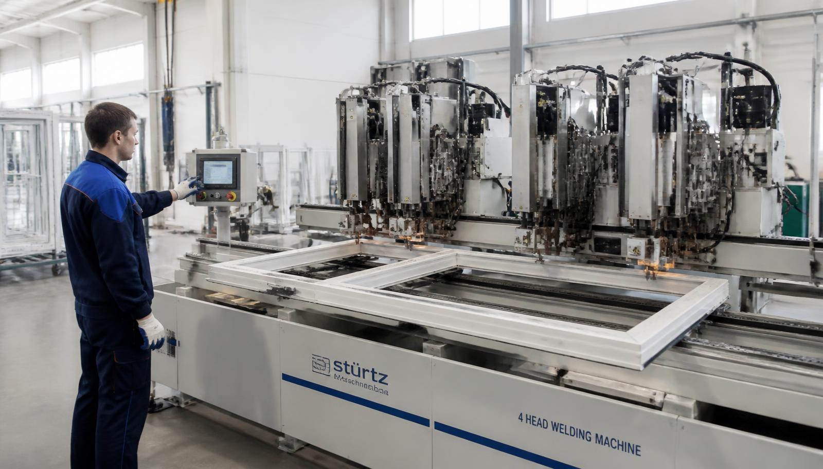 Linie automatizată de sudură cu patru capete într-o fabrică de ferestre din PVC